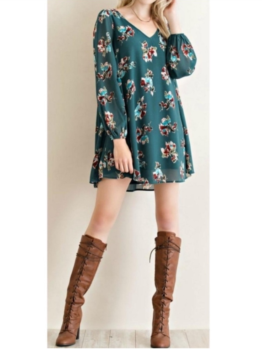 Anthropologie Entro Long Sleeve Boho Floral Trapeze Mini Dress